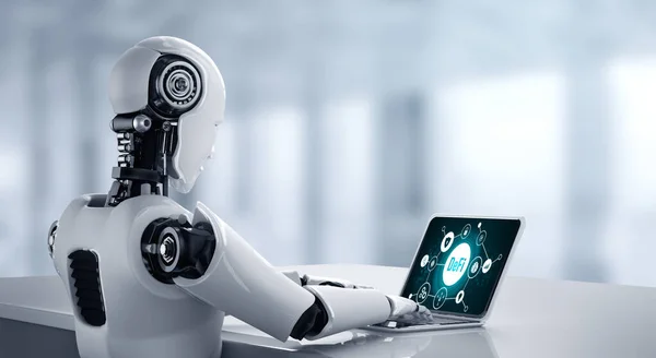 Robot Using Computer Software Thinking Modish Artificial Intelligence Machine Learning — Stock Photo, Image