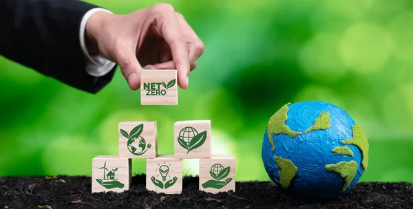 Biznesmen Papierową Kulą Kostką Symbolu Netto Zero Dla Świadomości Ekologicznej — Zdjęcie stockowe