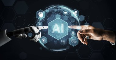 3D Rending Futuristic robot teknolojisi geliştirme, yapay zeka yapay zeka ve makine öğrenme konsepti. Gelecekteki insan hayatı için küresel robot biyonik bilim araştırması. 3B illüstrasyon