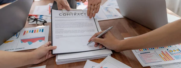 Panorama Shot Hand Signing Signature Legal Contract Business Report Fintech — Stock Photo, Image
