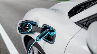 Ev şarj istasyonundaki EV şarj cihazı fişe takılı ve dijital batarya durum hologramını gösteren elektrikli arabayı şarj ediyor. Akıllı ve fütüristik ev enerjisi altyapısı. İnceleyin