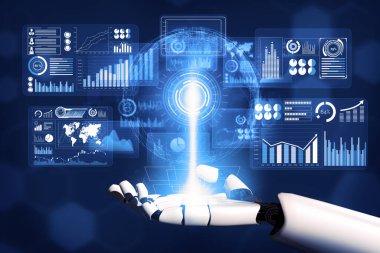 3D Rending Futuristic robot teknolojisi geliştirme, yapay zeka yapay zeka ve makine öğrenme konsepti. Gelecekteki insan hayatı için küresel robot biyonik bilim araştırması. 3B illüstrasyon