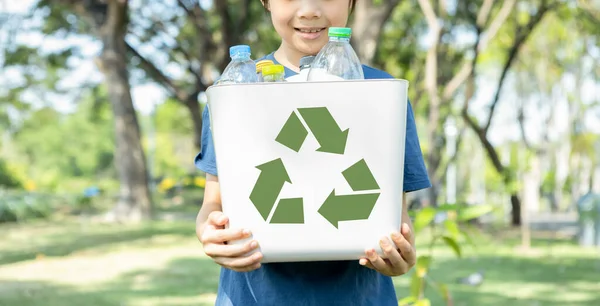Cheerful Young Asian Boy Holding Recycle Symbol Bin Daylight Natural — Stock Photo, Image