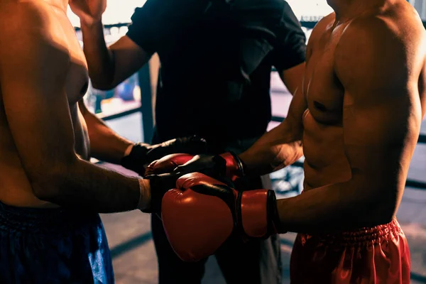 两名肌肉发达的泰籍拳击手准备参加拳击赛 赛前重新解释比赛规则并做好准备 Impetus — 图库照片