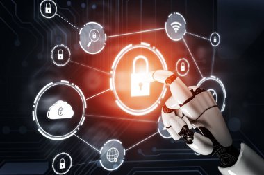 3D Rending Futuristic robot teknolojisi geliştirme, yapay zeka yapay zeka ve makine öğrenme konsepti. Gelecekteki insan hayatı için küresel robot biyonik bilim araştırması. 3B illüstrasyon