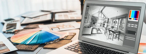 Stůl Interiérového Designéra Architektonický Software Obrazovce Notebooku Náladovými Deskovými Materiály — Stock fotografie