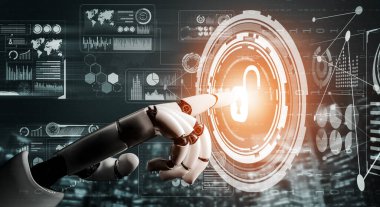 3D Rending Futuristic robot teknolojisi geliştirme, yapay zeka yapay zeka ve makine öğrenme konsepti. Gelecekteki insan hayatı için küresel robot biyonik bilim araştırması. 3B illüstrasyon