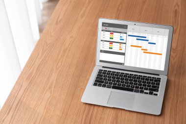 Ekip projesinin zaman çizelgesini gösteren bilgisayar ekranında, modern iş projesi yönetimi için proje planlama yazılımı