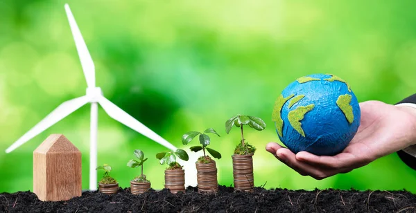 Eco Företag Investera Miljöskydd Subventionera Mynt Stack Med Växande Plantor — Stockfoto