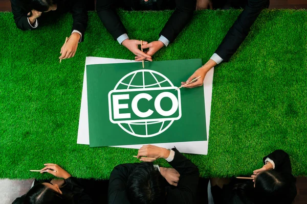 Panorama Eco Symbol Von Oben Auf Grünem Rasentisch Mit Geschäftsleuten — Stockfoto
