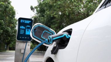 Elektrikli araba, çevre yeşil parkındaki elektrik kablosu ve yeşillik yeşili yeşillik yapraklarıyla şarj etmek için şarj istasyonuna bağlandı. Geleceğin yenilikçi her arabası ve enerji sürdürülebilirliği.