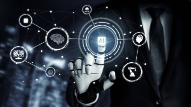 3D Rending Futuristic robot teknolojisi geliştirme, yapay zeka yapay zeka ve makine öğrenme konsepti. Gelecekteki insan hayatı için küresel robot biyonik bilim araştırması. 3B illüstrasyon