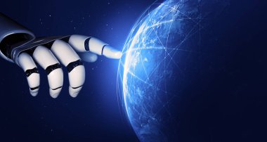 3D Rending Futuristic robot teknolojisi geliştirme, yapay zeka yapay zeka ve makine öğrenme konsepti. Gelecekteki insan hayatı için küresel robot biyonik bilim araştırması. 3B illüstrasyon