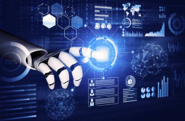 3D Rending Futuristic robot teknolojisi geliştirme, yapay zeka yapay zeka ve makine öğrenme konsepti. Gelecekteki insan hayatı için küresel robot biyonik bilim araştırması. 3B illüstrasyon