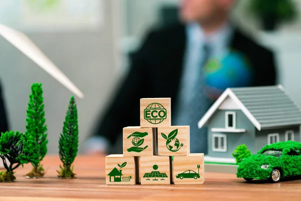 Eco Symbol Wooden Cube Arranged Alternative Clean Energy Utilization Implementation — Stock Photo, Image