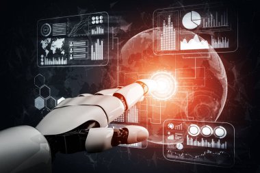 3D Rending Futuristic robot teknolojisi geliştirme, yapay zeka yapay zeka ve makine öğrenme konsepti. Gelecekteki insan hayatı için küresel robot biyonik bilim araştırması. 3B illüstrasyon
