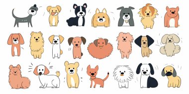 Şirin köpekler el çizimi vektör seti. Çizgi film köpekleri ya da köpek karakterleri farklı pozlarda düz renkli tasarım koleksiyonu. köpek vektör illüstrasyonu