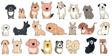 Şirin köpekler el çizimi vektör seti. Çizgi film köpekleri ya da köpek karakterleri farklı pozlarda düz renkli tasarım koleksiyonu. köpek vektör illüstrasyonu