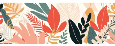 Soyut sanat arka plan vektörü. Modern şekil çizgisi sanat duvar kağıdı. Boho bitki örtüsü tropikal yaprakları ve çiçek desenli tasarım vektörü çizimi.