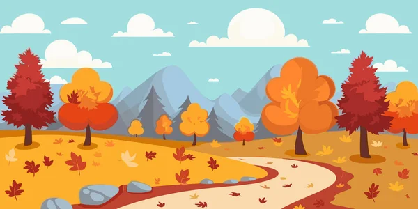 Beautiful autumn landscape with trees, mountains, fields, leaves. Countryside landscape. Autumn background. Vector illustration
