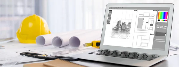Digital blueprint by architecture design software on laptop screen with documents and blueprint layout on office table seamless integration of technology and traditional drafting method. Insight