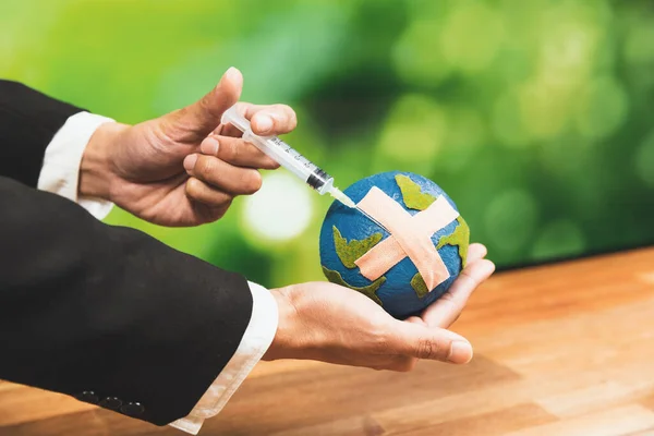 Businessman Holds Inject Medicine Paper Earth Symbol Eco Environmental Awareness — Stock Photo, Image
