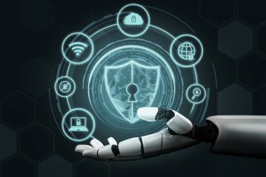 3D Rending Futuristic robot teknolojisi geliştirme, yapay zeka yapay zeka ve makine öğrenme konsepti. Gelecekteki insan hayatı için küresel robot biyonik bilim araştırması. 3B illüstrasyon