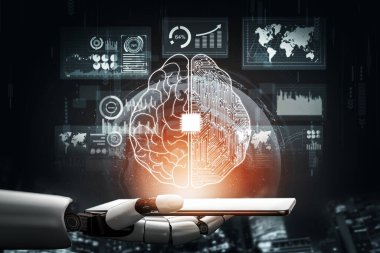 3D Rending Futuristic robot teknolojisi geliştirme, yapay zeka yapay zeka ve makine öğrenme konsepti. Gelecekteki insan hayatı için küresel robot biyonik bilim araştırması. 3B illüstrasyon