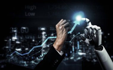 Yaşayan insanların geleceği için robot ve sayborg gelişimi yapay zeka araştırması. Dijital veri madenciliği ve makine öğrenme teknolojisi, bilgisayar iletişimi. 3B illüstrasyon