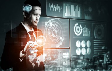 3D Rending Futuristic robot teknolojisi geliştirme, yapay zeka yapay zeka ve makine öğrenme konsepti. Gelecekteki insan hayatı için küresel robot biyonik bilim araştırması. 3B illüstrasyon