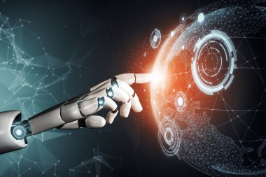 3D Rending Futuristic robot teknolojisi geliştirme, yapay zeka yapay zeka ve makine öğrenme konsepti. Gelecekteki insan hayatı için küresel robot biyonik bilim araştırması. 3B illüstrasyon