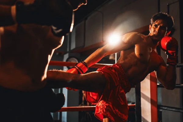 Asian Caucasian Muay Thai Boxer Unleash Kick Attack Fierce Boxing — Stock Photo, Image