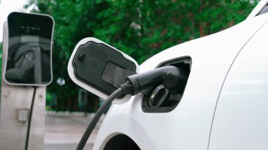 Elektrikli araba parkı ve şarj istasyonunun yanında şarj edilen enerji konseptinin sürdürülebilirliği. Çevresel koruma için yenilenebilir enerji tarafından kullanılan elektrikli araç.