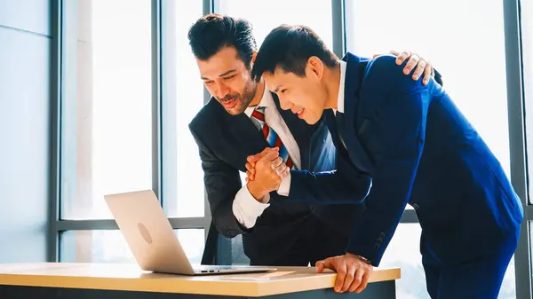 Two Happy Business People Celebrate Office Meeting Room Successful Businessman — Stock Photo, Image