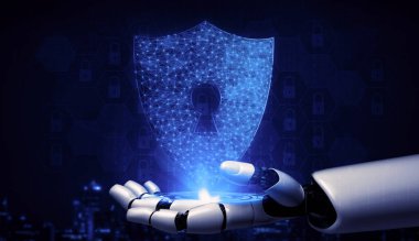 Yaşayan insanların geleceği için robot ve sayborg gelişimi yapay zeka araştırması. Dijital veri madenciliği ve makine öğrenme teknolojisi, bilgisayar iletişimi. 3B illüstrasyon