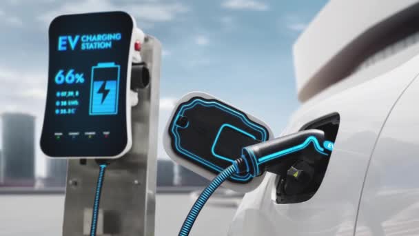 Електричний Автомобіль Підключається Станцією Заряджання Заряджання Розумної Батареї Заздалегідь Зарядним — стокове відео