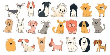 Şirin köpekler el çizimi vektör seti. Çizgi film köpekleri ya da köpek karakterleri farklı pozlarda düz renkli tasarım koleksiyonu. köpek vektör illüstrasyonu