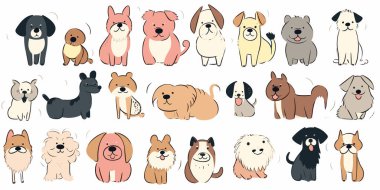 Şirin köpekler el çizimi vektör seti. Çizgi film köpekleri ya da köpek karakterleri farklı pozlarda düz renkli tasarım koleksiyonu. köpek vektör illüstrasyonu