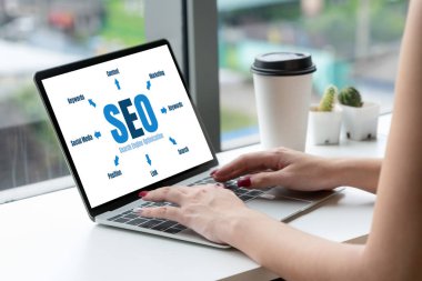 Model e-ticaret için SEO arama motoru optimizasyonu ve bilgisayar ekranında gösterilen çevrimiçi perakende işi