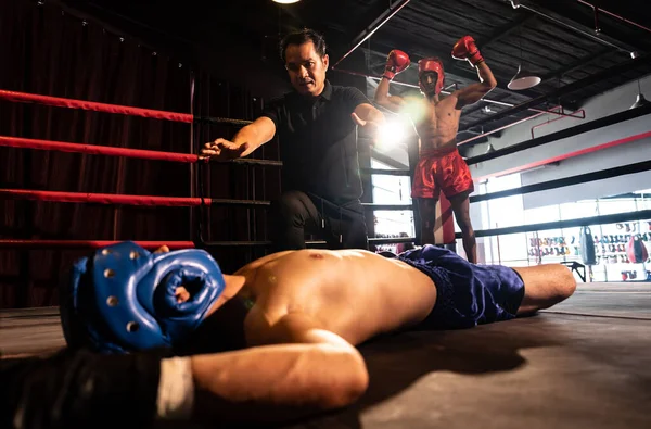 Boxing Referee Intervene Halting Fight Check Fallen Competitor Knock Out — Stock Photo, Image