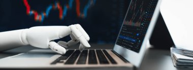 Otomatik borsa konsepti. Borsadaki finansal verileri analiz eden robot el, borsadaki fiyat değişikliğini tahmin etmek için yapay zeka kullanımı. Önde.