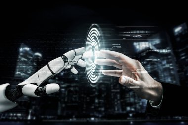 3D Rending Futuristic robot teknolojisi geliştirme, yapay zeka yapay zeka ve makine öğrenme konsepti. Gelecekteki insan hayatı için küresel robot biyonik bilim araştırması. 3B illüstrasyon