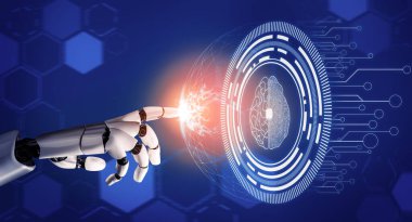 3D Rending Futuristic robot teknolojisi geliştirme, yapay zeka yapay zeka ve makine öğrenme konsepti. Gelecekteki insan hayatı için küresel robot biyonik bilim araştırması. 3B illüstrasyon