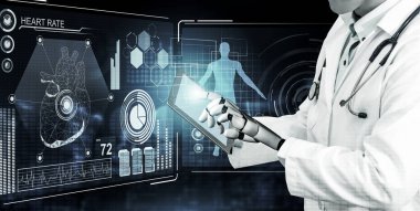 3D tıbbi yapay zeka robotu geleceğin hastanesinde çalışıyor. Hasta ve biyomedikal teknoloji konsepti için gelecekteki protez sağlık hizmetleri.