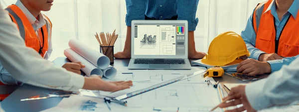 Engineer Architect Working Together Brainstorming Designing Blueprint Using Laptop Working — Stock Photo, Image