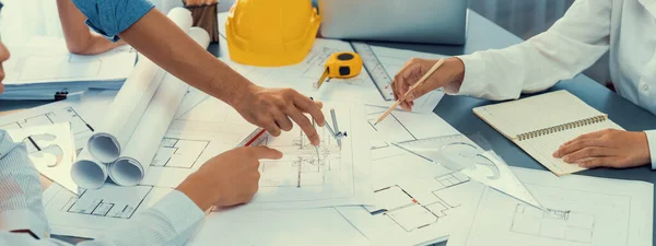 Architect Engineer Working Building Blueprint Contractor Designing Drawing Blueprint Layout — Stock Photo, Image