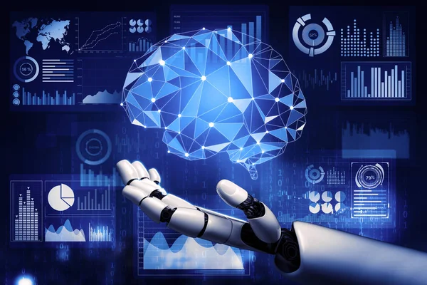 3D渲染未来机器人技术的发展 人工智能人工智能和机器学习的概念 全球机器人仿生科学研究对未来人类生活的影响 3D插图 — 图库照片