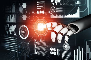 3D Rending Futuristic robot teknolojisi geliştirme, yapay zeka yapay zeka ve makine öğrenme konsepti. Gelecekteki insan hayatı için küresel robot biyonik bilim araştırması. 3B illüstrasyon