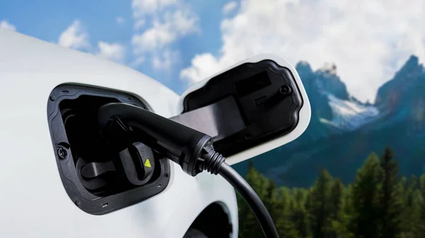 Electric Car Plugged Charging Station Recharge Battery Charger Cable Nature — Stock Photo, Image