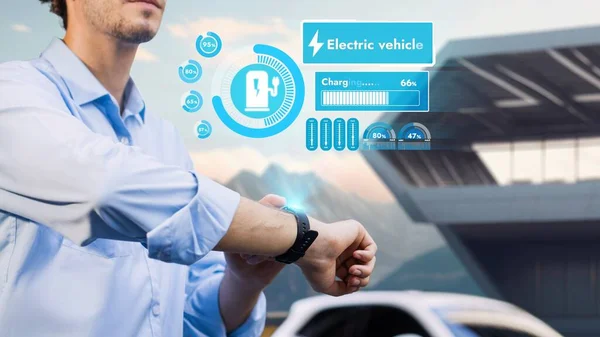 Businessman Check Car Battery Status Smartwatch Hologram While Recharge Charging — Stock Photo, Image